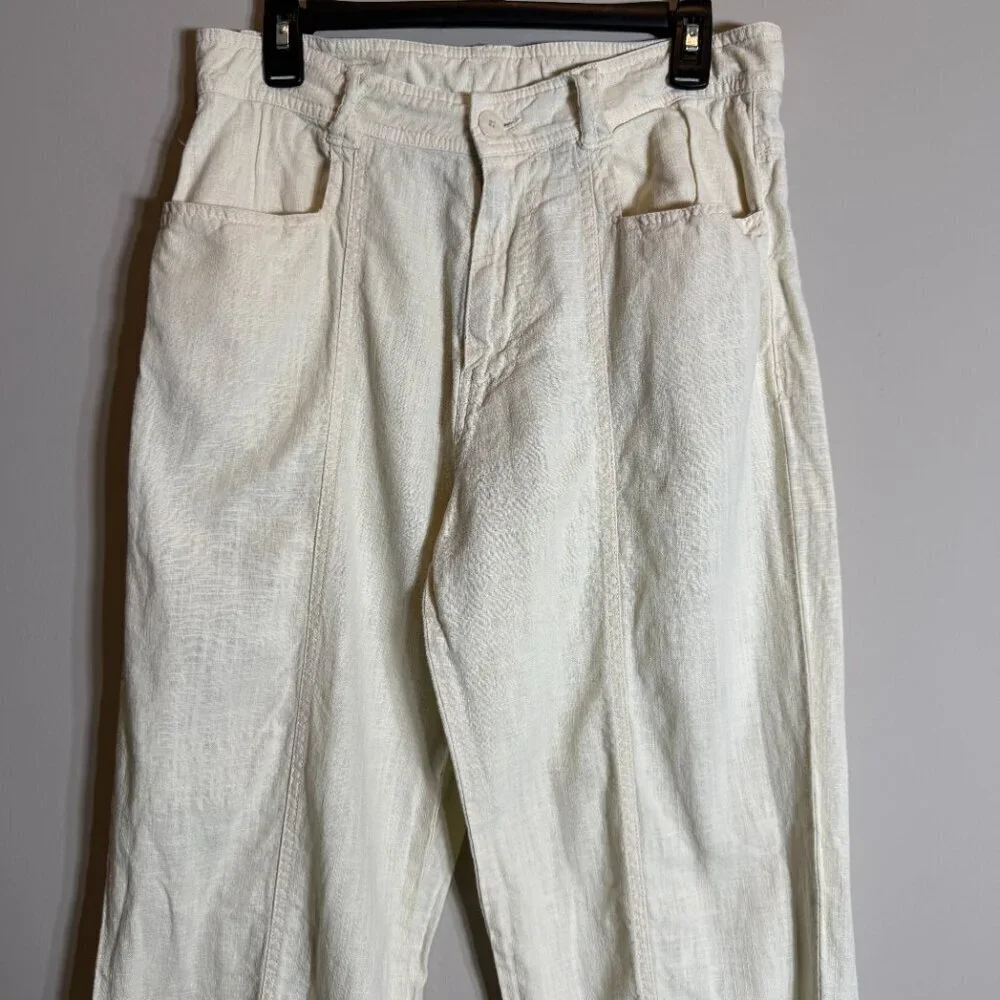 Zara Linen Straight Leg Pants Womens 31 Ivory Lagenlook Minimalist Beach Coastal